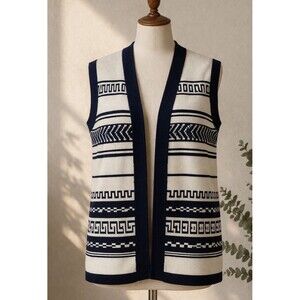 Vintage Knit Sweater Vest Navy White Geometric Pattern Size 16